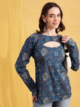 Vbuyz - Blue Floral Straight Cotton Stitched Tunic