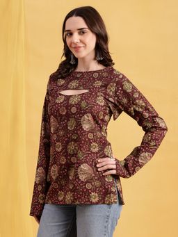 Vbuyz - Floral Straight Cotton Maroon Stitched Tunic