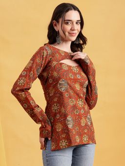Vbuyz - Rust Floral Straight Cotton Stitched Tunic