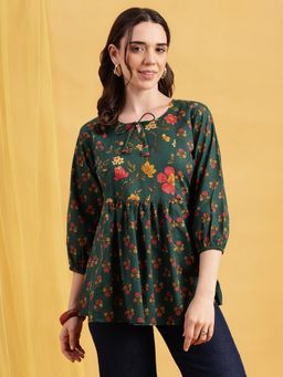 Vbuyz - Green Floral Flared Cotton Stitched Tunic
