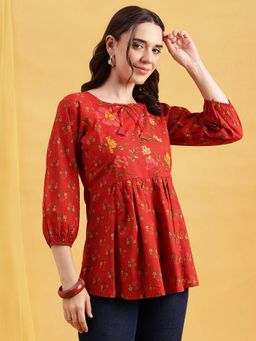 Vbuyz - Red Floral Flared Cotton Stitched Tunic