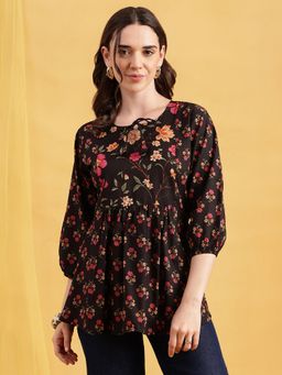 Vbuyz - Black Floral Flared Cotton Stitched Tunic