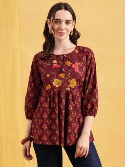 Vbuyz - Wine Floral Flared Cotton Stitched Tunic