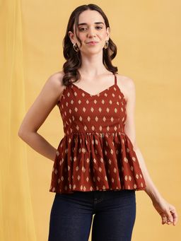 Vbuyz - Brown Ikkat Flared Cotton Stitched Tunic