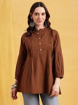 Vbuyz - Brown Solid A-Line Cotton Stitched Tunic