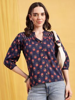 Vbuyz - Blue Floral Straight Cotton Stitched Top