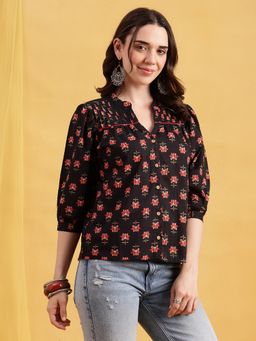 Vbuyz - Black Floral Straight Cotton Stitched Top