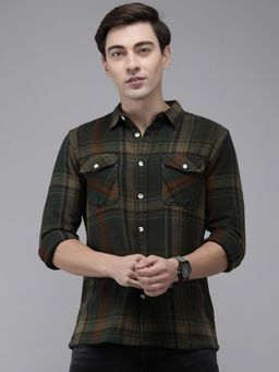 The Bear House - Men Olive Green Tartan Checked Flannel Pure Cotton Slim Fit Casual Shirt