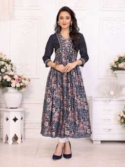 Rangita - Women Blue Viscose Blend Embroidered Calf Length Anarkali Kurta