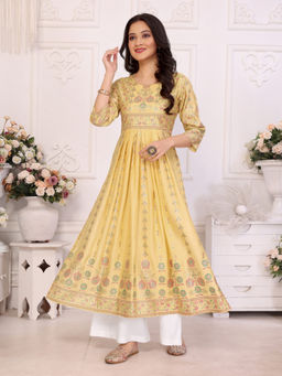 Rangita - Women Yellow Viscose Blend Printed Calf Length Nayra Style Kurta