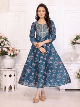 Rangita - Women Blue Viscose Blend Embroidered Calf Length Flared Kurta