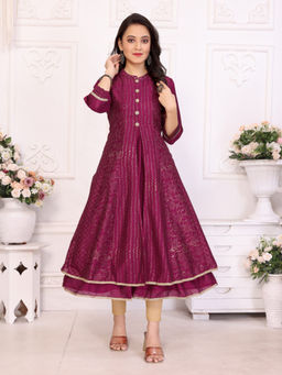 Rangita - Women Wine Polyester Printed Calf Length Anarkali Kurta
