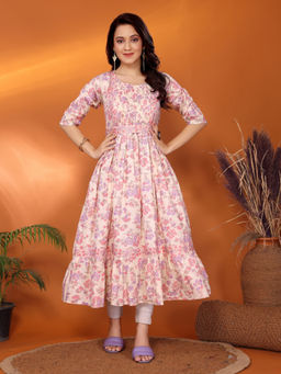 Rangita - Women Off White Viscose Blend Printed Calf Length Tiered Flared Kurta