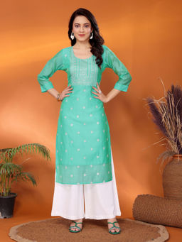 Rangita - Women Sea Green Viscose Blend Embroidered Calf Length Straight Kurta