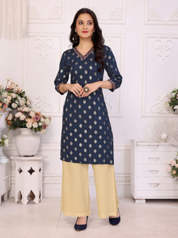 Rangita - Women Navy Blue Rayon Embroidered Knee Length Straight Kurta