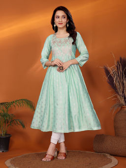 Rangita - Women Green Viscose Blend Printed Calf Length Anarkali Kurta