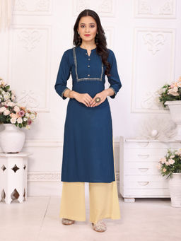 Rangita - Women Navy Blue Rayon Embroidered Calf Length Straight Kurta