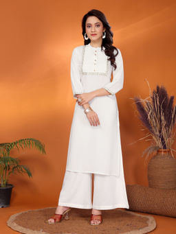 Rangita - Women Off White Rayon Embroidered Calf Length Straight Kurta