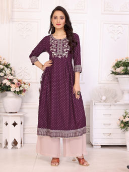 Rangita - Women Wine Rayon Embroidered Calf Length Nayra Style Kurta