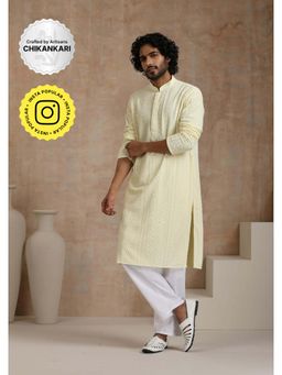 House of Chikankari - Rayon Schiffli Mens Long Kurta- Cream