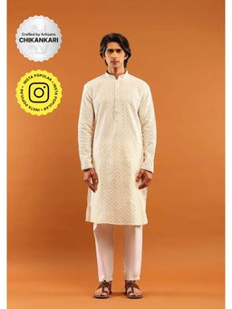 House of Chikankari - Cotton Embroidered With Sequins Solid Men's Long Kurta- Cream