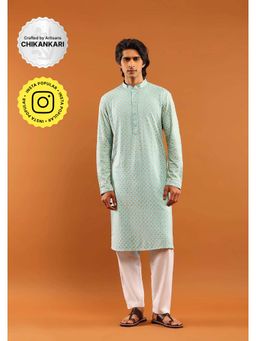 House of Chikankari - Rayon Embroidered With Sequins Solid Men's Long Kurta- Aqua Blue