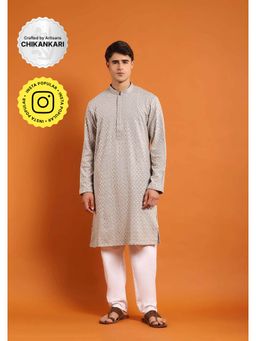 House of Chikankari - Rayon Embroidered With Sequins Solid Men's Long Kurta- Light Grey