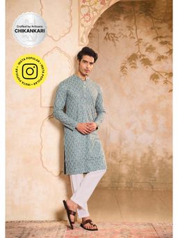 House of Chikankari - Rayon Embroidered With Sequins Solid Men's Long Kurta- Seafoam Green