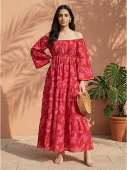 Styli - Women Pink Print Off Shoulder Tiered Maxi Dress