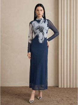 Styli - Women Floral High Neck Bodycon Dress - Navy Blue