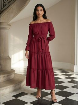 Styli - Women Maroon Off-Shoulder Long Sleeves Synthetic Casual Tiered Maxi Dress with Belt