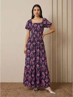 Styli - Women Blue Floral Printed Square Neck Puff Sleeves Fit and Flare Maxi Dress