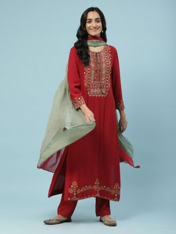Aarke Ritu Kumar - Red Embroidered Kurta With Pant And Dupatta (Set of 3)