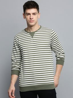 SHOWOFF - Mens Round Neck Striped Olive Pullover Sweatshirt