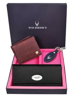 WILDHORN - Premium Leather Ladies Wallet, Mens Wallet and Keychain Gift -1K_BK_2052MRC_K (Set of 3)