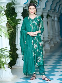 FASHOR - Floral Printed Pearl Flared Kurta with Pants & Dupatta - Green (Set of 3)
