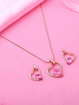 Estele - Rose Gold Plated Hanging Heart Designer Pendant Necklace with Crystals (Set of 2)