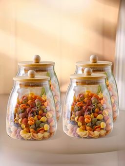 UMAI - Borosilicate Glass With Bamboo Lid- Pack Of 4- 1000Ml