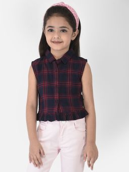 CRIMSOUNE CLUB - Navy Blue Tartan Checked Crop Shirt