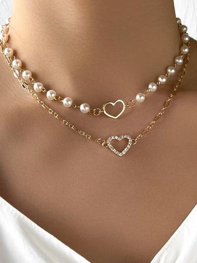 Gold Tone Multi Layer Pearls Heart Fashion Necklace