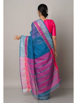 Unnati Silks - Navy Blue Pure Mangalgiri Cotton Saree with Unstitched Blouse