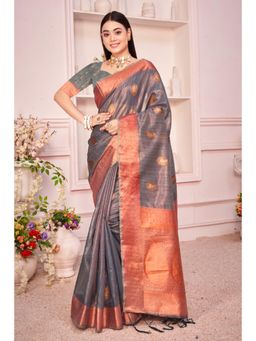 Sangam Prints - Grey Organza Woven Zari Work Traditional Tassel Saree with Unstitched Blouse