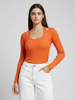 ANVI Be Yourself - Women Solid Orange Criss Cross Neck Long Sleeve Casual Top