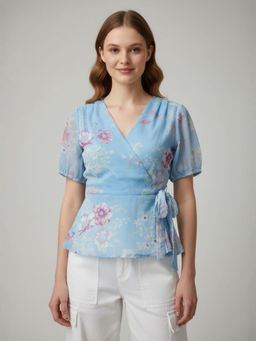 ANVI Be Yourself - Women Floral Printed Light Blue V Neck Puff Sleeve Chiffon Wrap Top - Blue