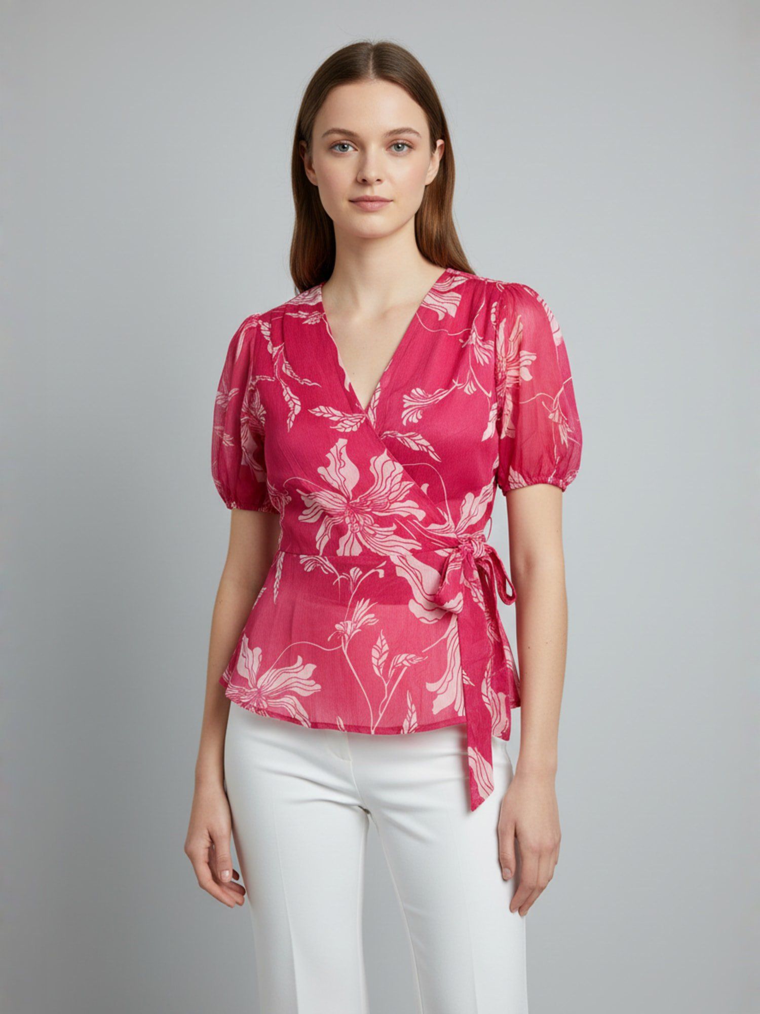 Women Floral Printed Hot Pink V Neck Puff Sleeve Chiffon Wrap Top - Pink-picture-10