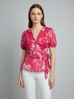 ANVI Be Yourself - Women Floral Printed Hot Pink V Neck Puff Sleeve Chiffon Wrap Top - Pink