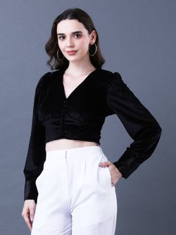 ANVI Be Yourself - Solid Black Velvet V Neck Long Sleeve Crop Top