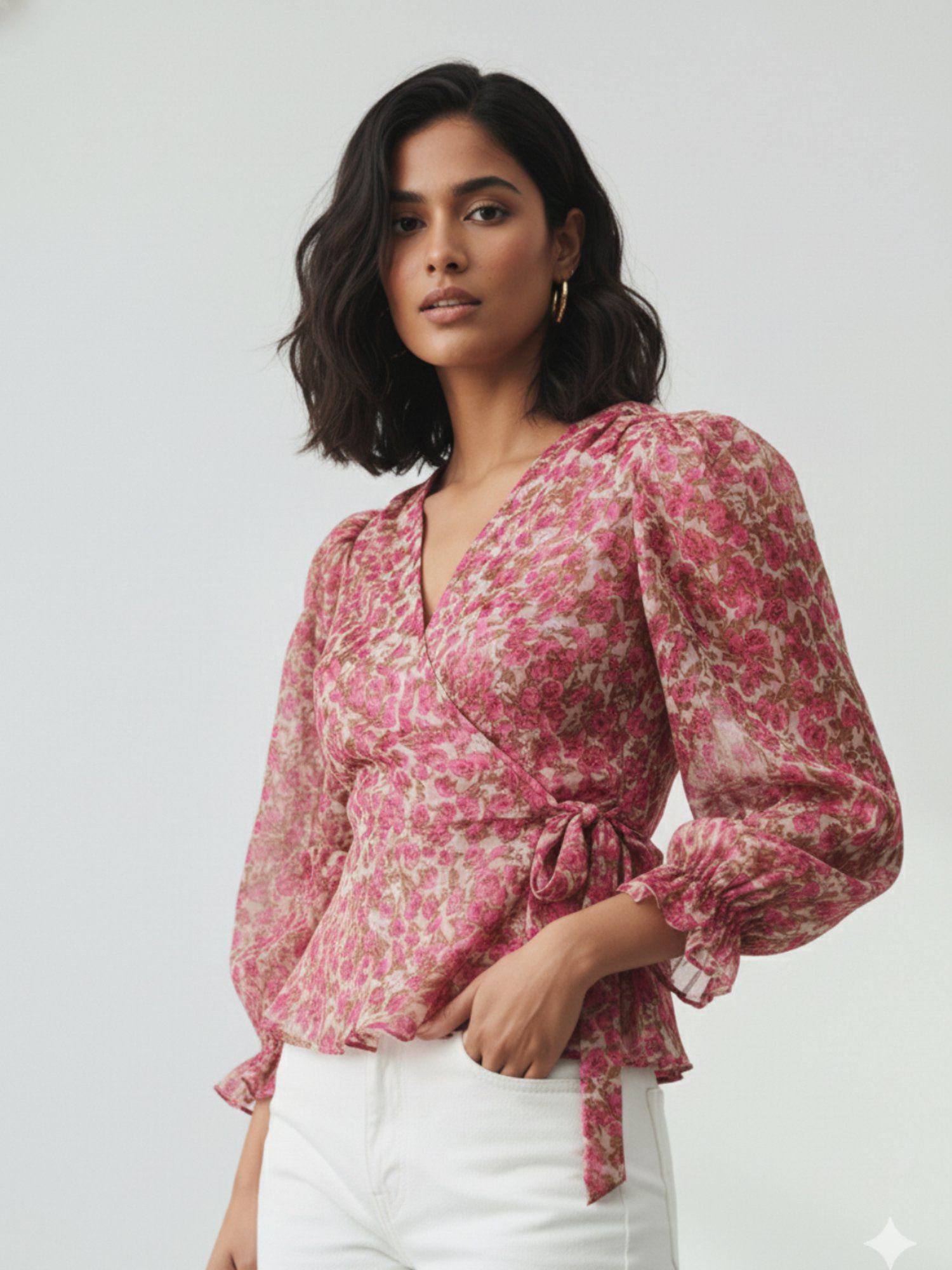 Floral Printed Pink Chiffon V Neck Full Sleeve Waist Tie-Ups Wrap Top-image-34