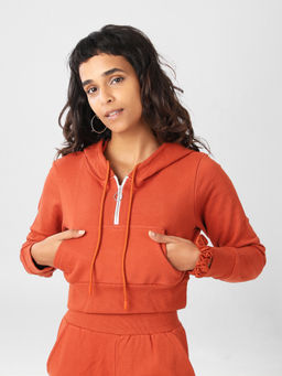 Kica - Cropped Cotton Hoodie With Front Zip and Pockets