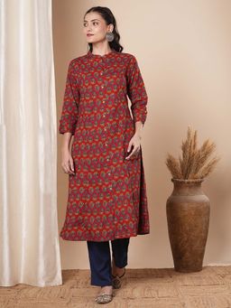 FASHOR - Rust Ethnic Floral Printed A-Line Kurta